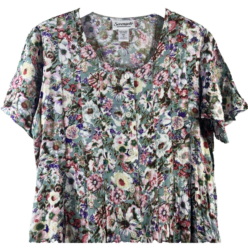 Serengeti Floral Print Short Sleeve Modest Shoulder Pads Maxi Dress Size M